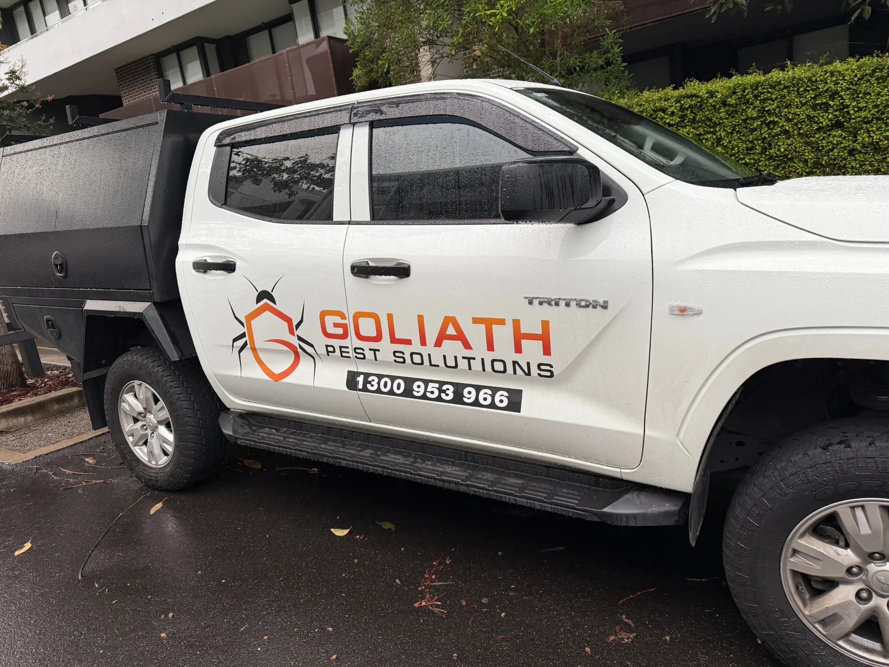 Close-up of Goliath Pest Solutions truck branding