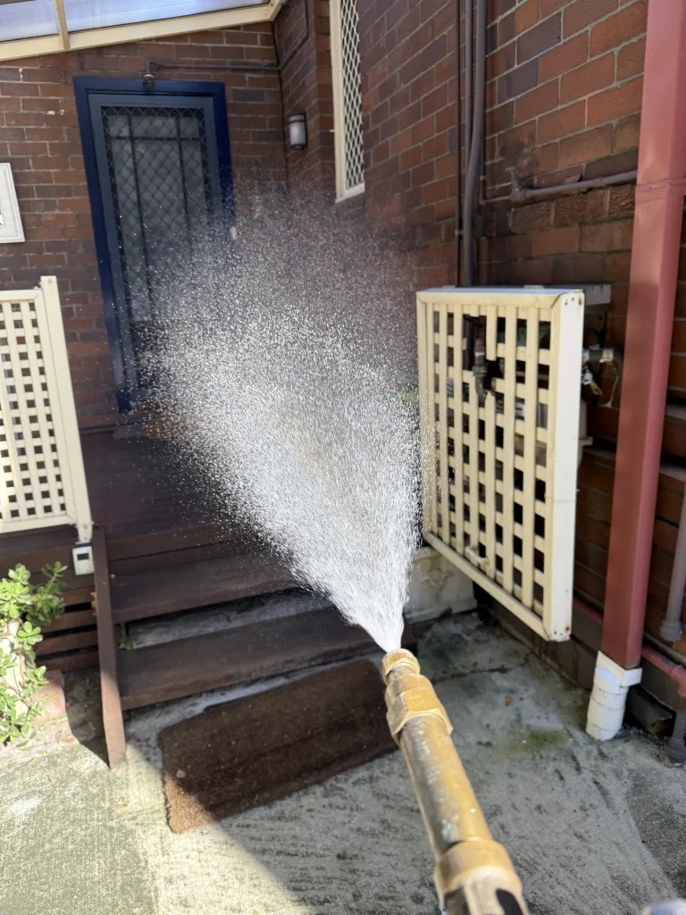 Pest control spray directed toward a timber deck and exterior doorway