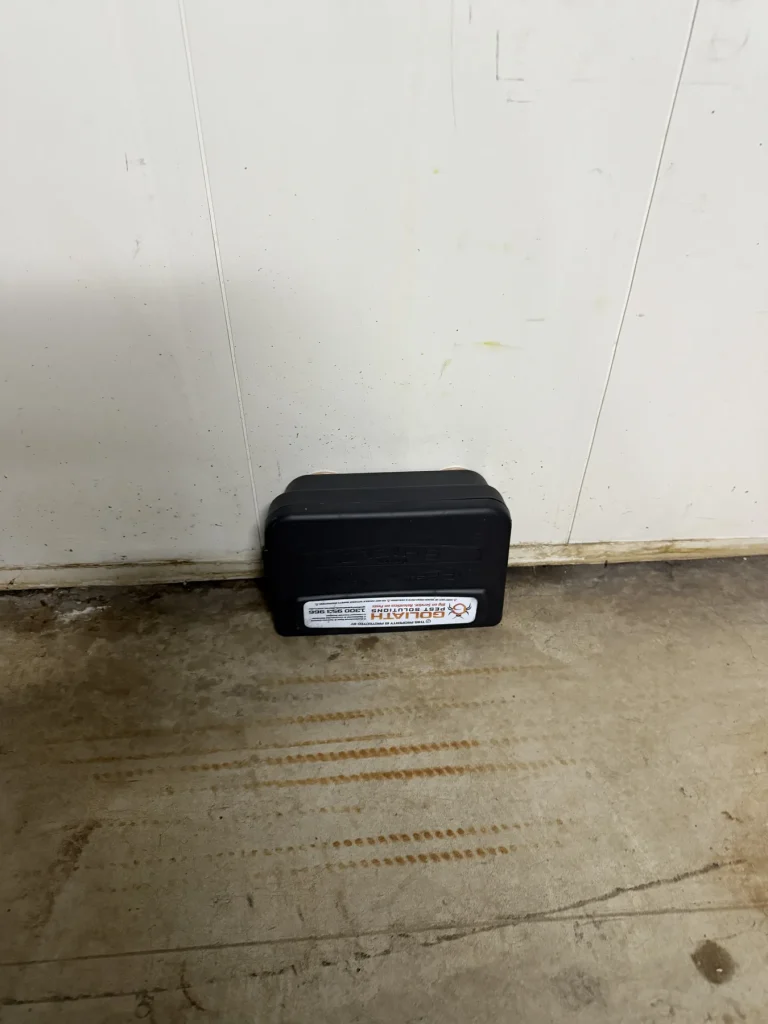 Black rodent monitoring station positioned at a wall base