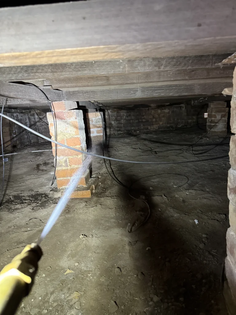 Spray lance applying treatment within a low subfloor space