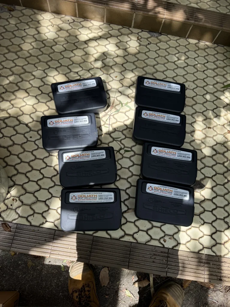Black rodent monitoring stations arranged on an outdoor work bench
