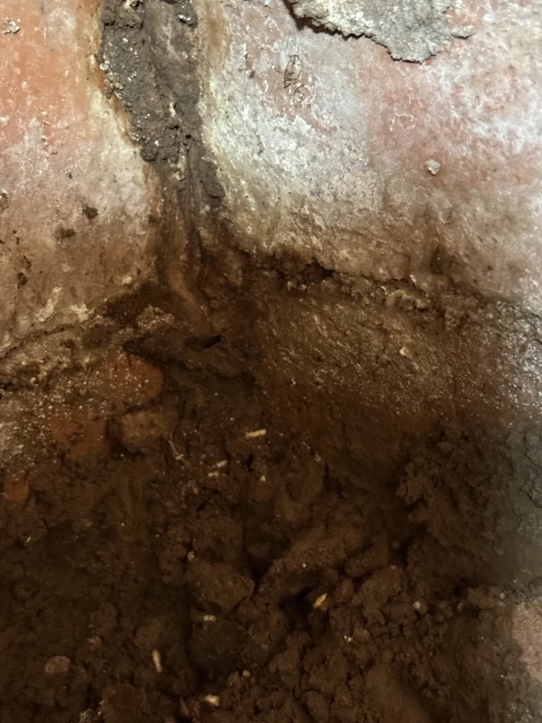Earthen material and soil accumulation at a foundation wall base