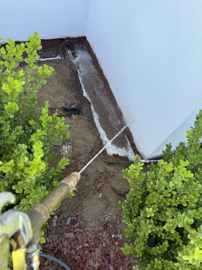 Exposed soil along the wall of a home with treatment hose