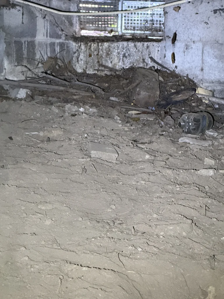 Bare soil and rubble visible in a low residential subfloor