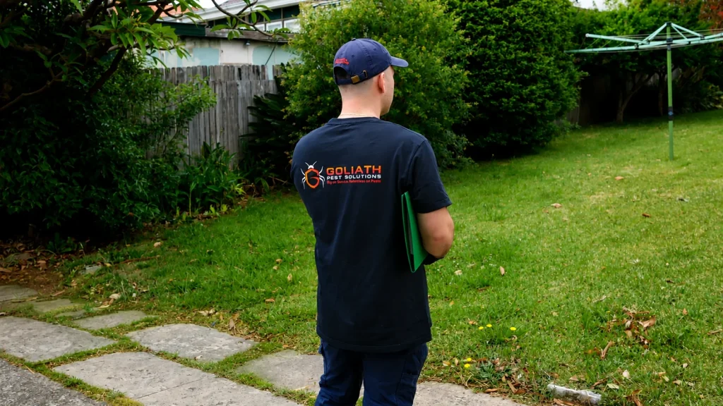 Goliath technician inspecting a landscaped residential backyard