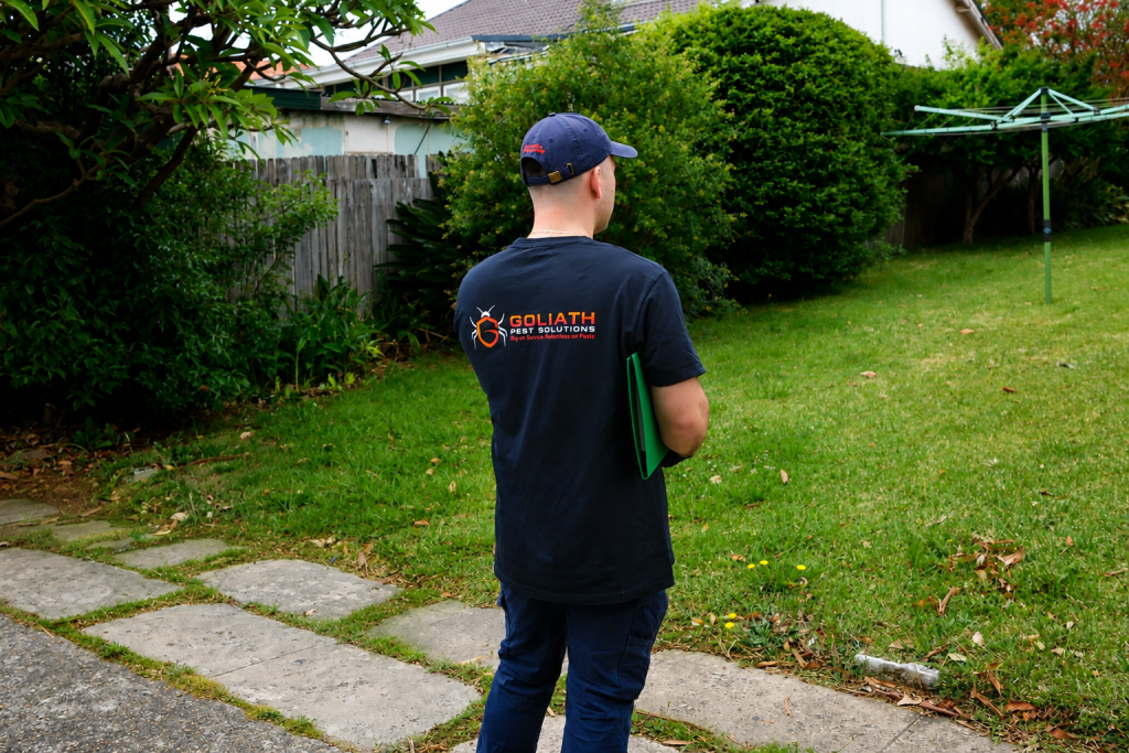 Goliath technician examining a residential garden during site inspection
