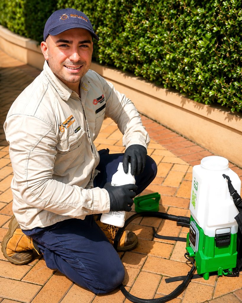 Goliath technician preparing pest control equipment on a paved area